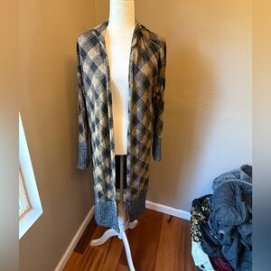 Cozy long plaid hooded cardigan by Cato, size large.